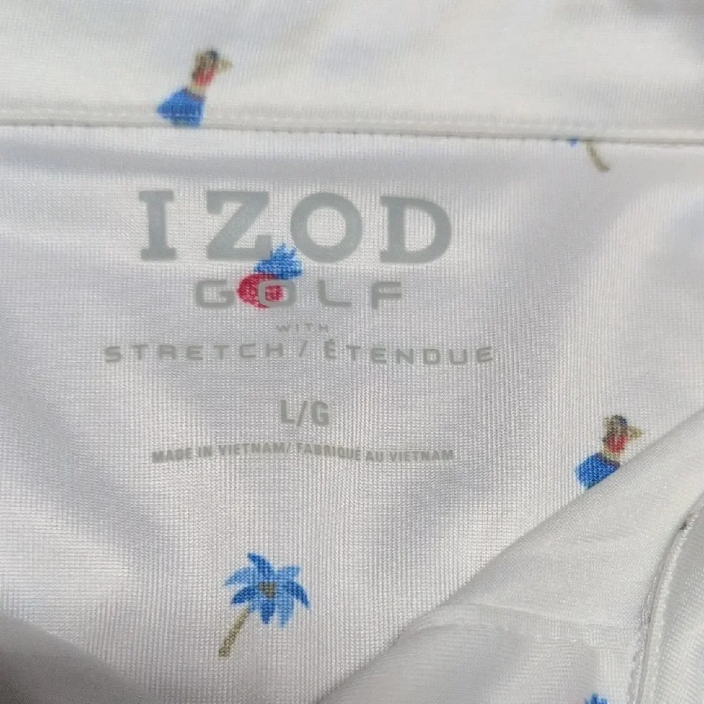 Izod White Polo Hula Girls Pineapples Palm Trees Reds/Blues Silky Sheen Size L